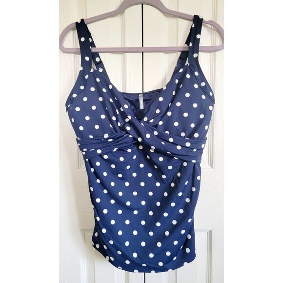 Lands' End Swim‎ Top Navy 12DD Halter Tankini Polka Dot Underwire Bra Nip Tuck - Picture 1 of 8